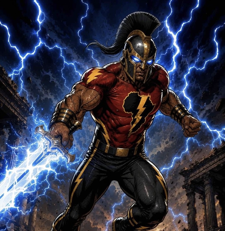 Ikenna, Son of Zeus, standing amid a powerful lightning storm